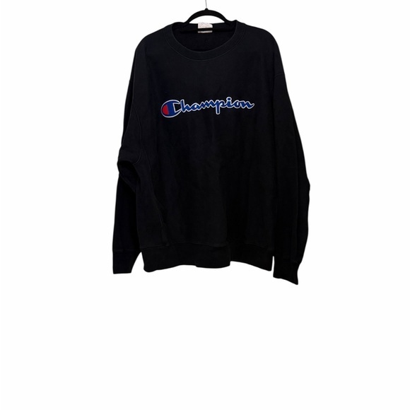 Champion Tops - Champion Black Crewneck Sweatshirt with Blue & Red Logo Script